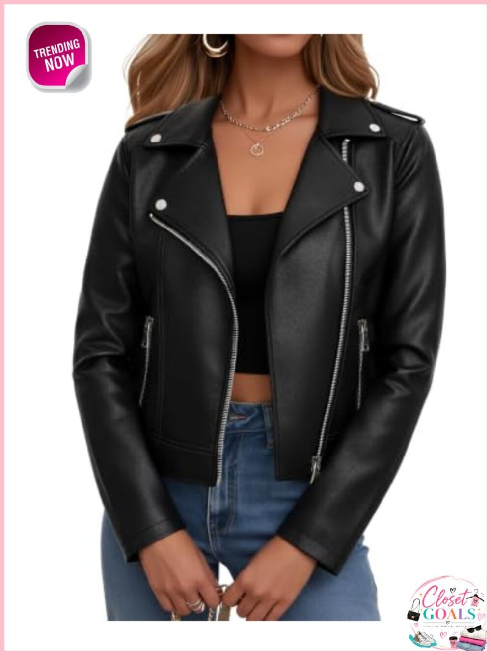 Faux Leather Cropped Moto Biker Jacket Zip Up Women's Coat